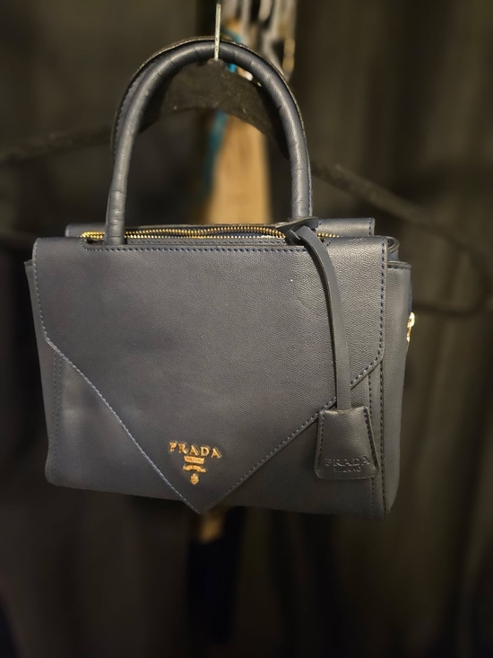 Prada Handbags - Prada Navy Saffiano Leather Satchel with Gold Hardware